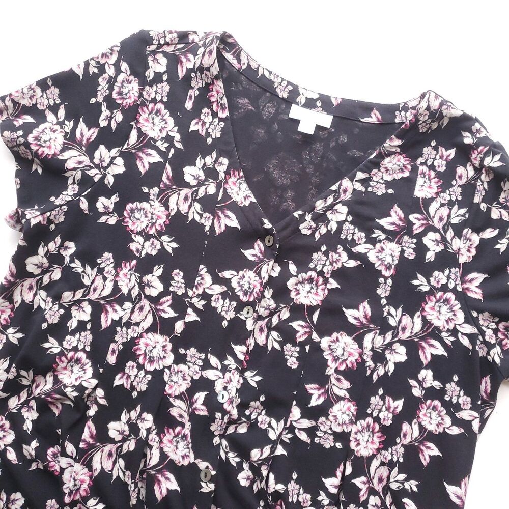 J Jill Button Front Maxi Dress Sz Large Black Pink Floral Pima Cotton Blend Knit - Picture 2 of 11